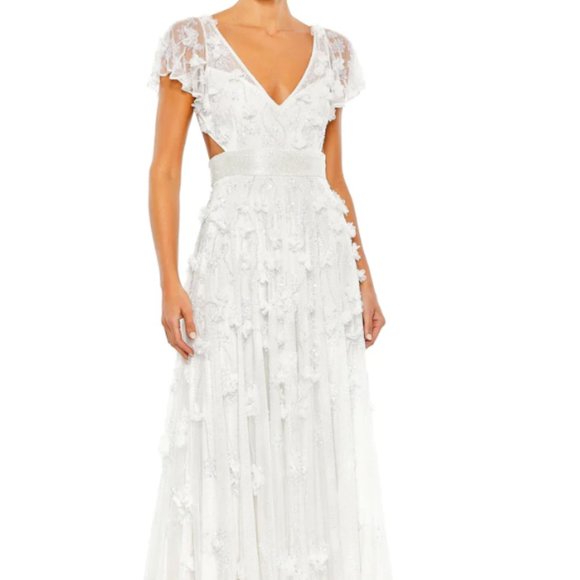 MAC DUGGAL 70275 FLORAL APPLIQUE EMBELLISHED LACE UP BACK FLOWEY WHITE GOWN sz 4 - Picture 1 of 7